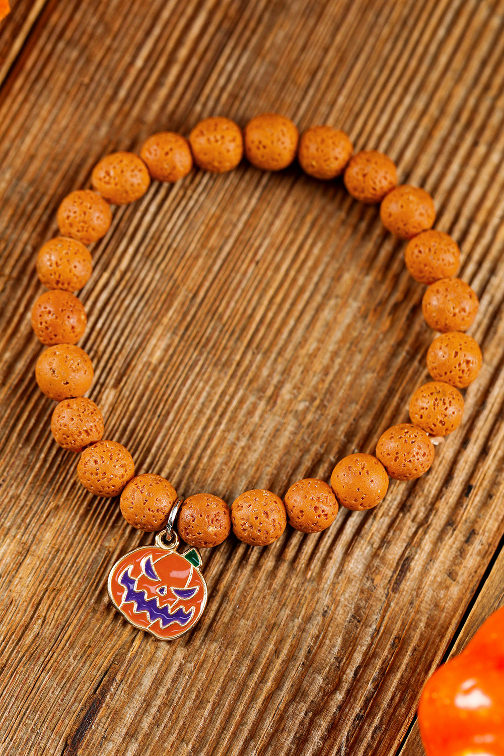 Orange Halloween Pumpkin Pendant Beaded Elastic Bracelet