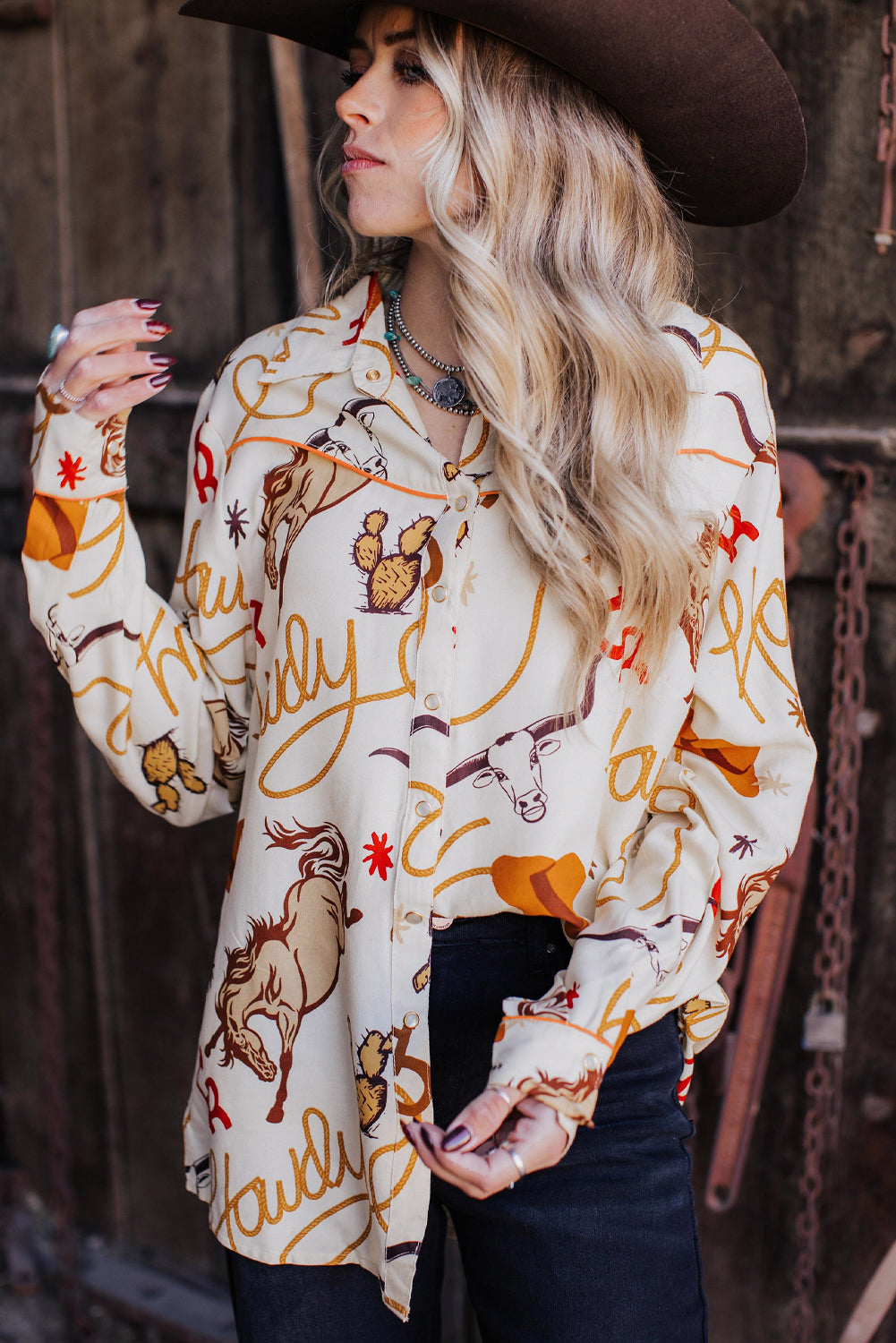 Beige Howdy Animal Pattern Button Up Shirt