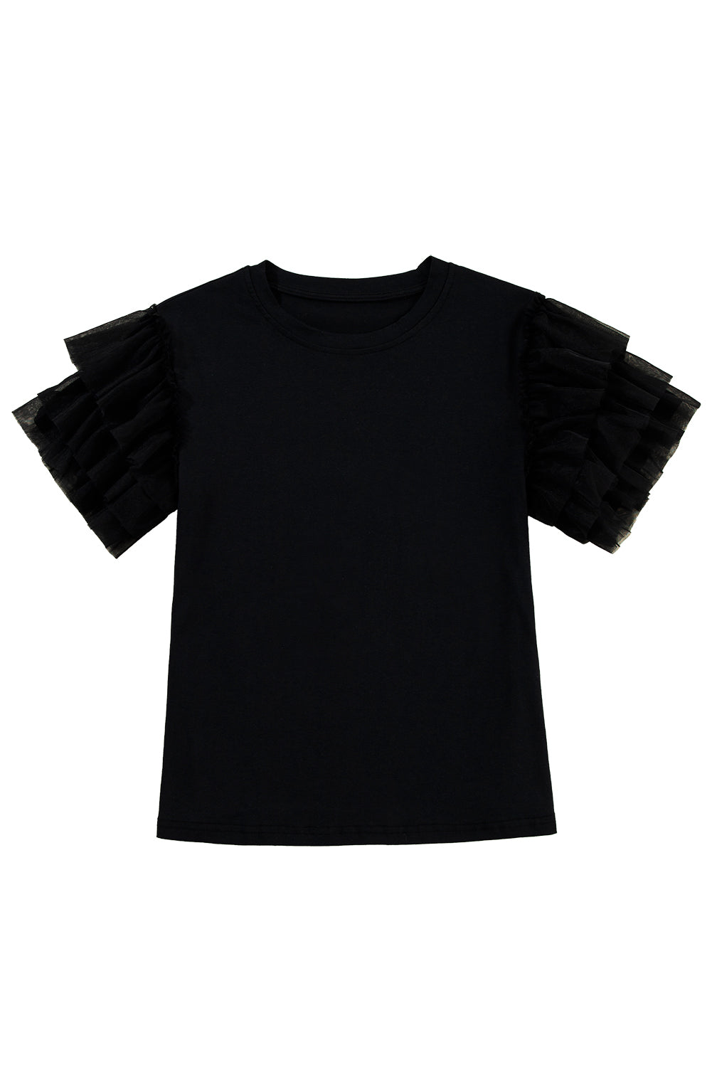 Black Plain Tulle Round Neck Ruffle Sleeve Blouse