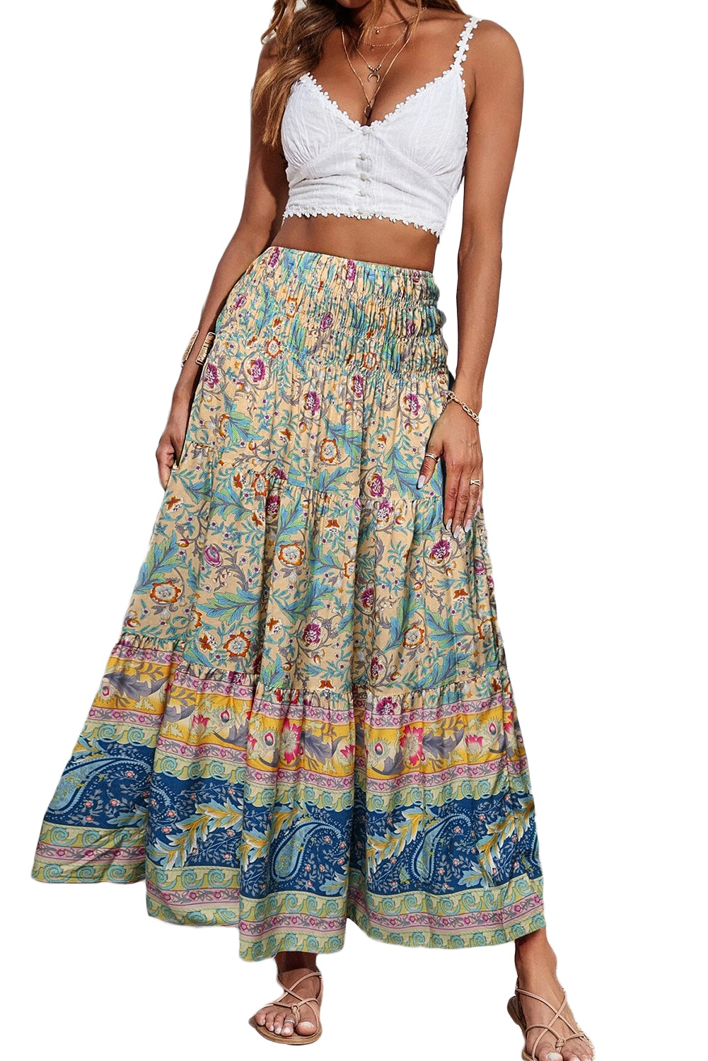 Sky Blue Boho Floral & Paisley Print Shirred Waist Long SkirtMaterial:100%Viscose

• Embrace a bohemian flair with this skirt, featuring a shirred waist that accentuates the natural curves for a flattering fit.
• The intrica