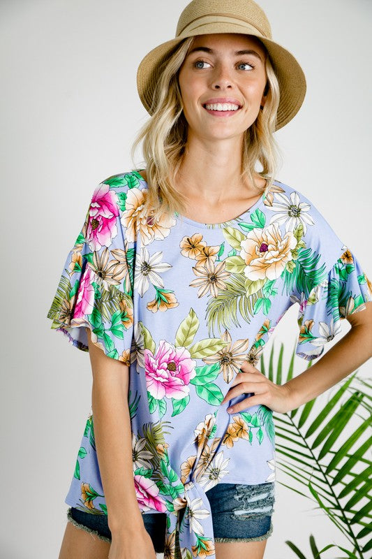 FLORAL RUFFLE SLEEVE TIE BOTTOM TOPFLORAL JERSEY RUFFLE SHORT SLEEVE FRONT TIE BOTTOM ROUND NECK TOP95% RAYON, 5% SPANDEX MADE IN USAS/M/L 2-2-2
Style: Casual
Print / Pattern: FLORAL
Fit: Loose
Embell