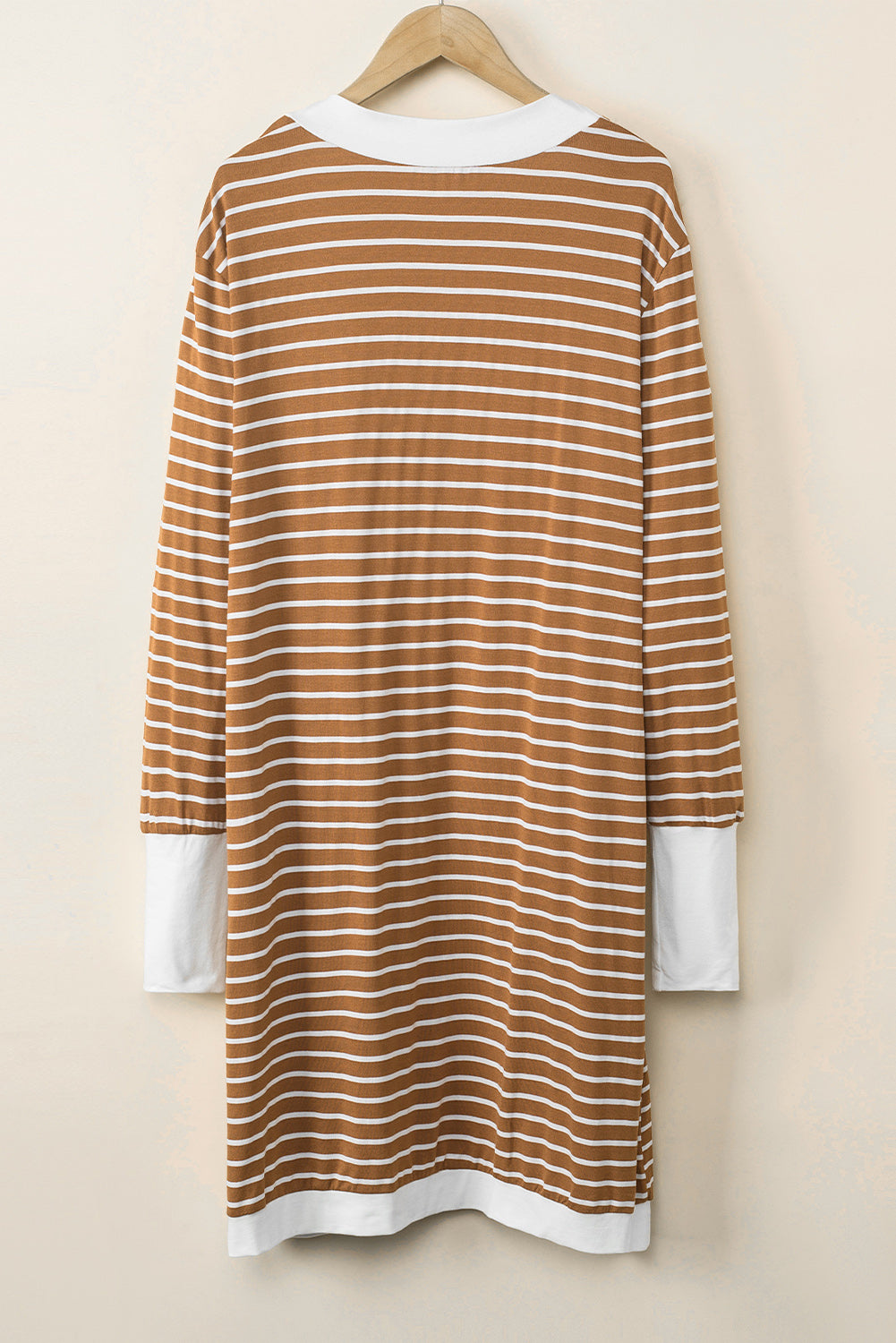 Brown Striped Side Pockets Open Front Long Cardigan