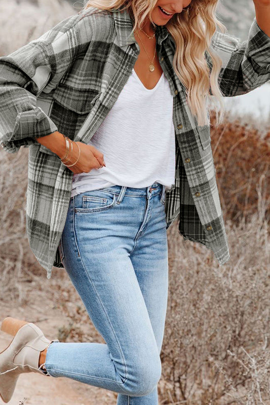 Grey Plaid Button Up Collared Flannel Shacket