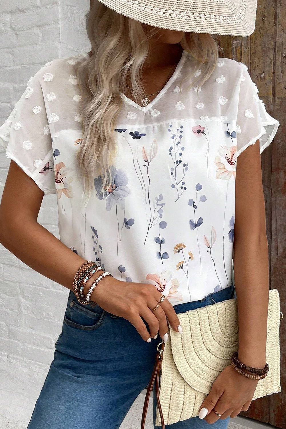 White Floral Print Jacquard Patchwork V Neck Blouse