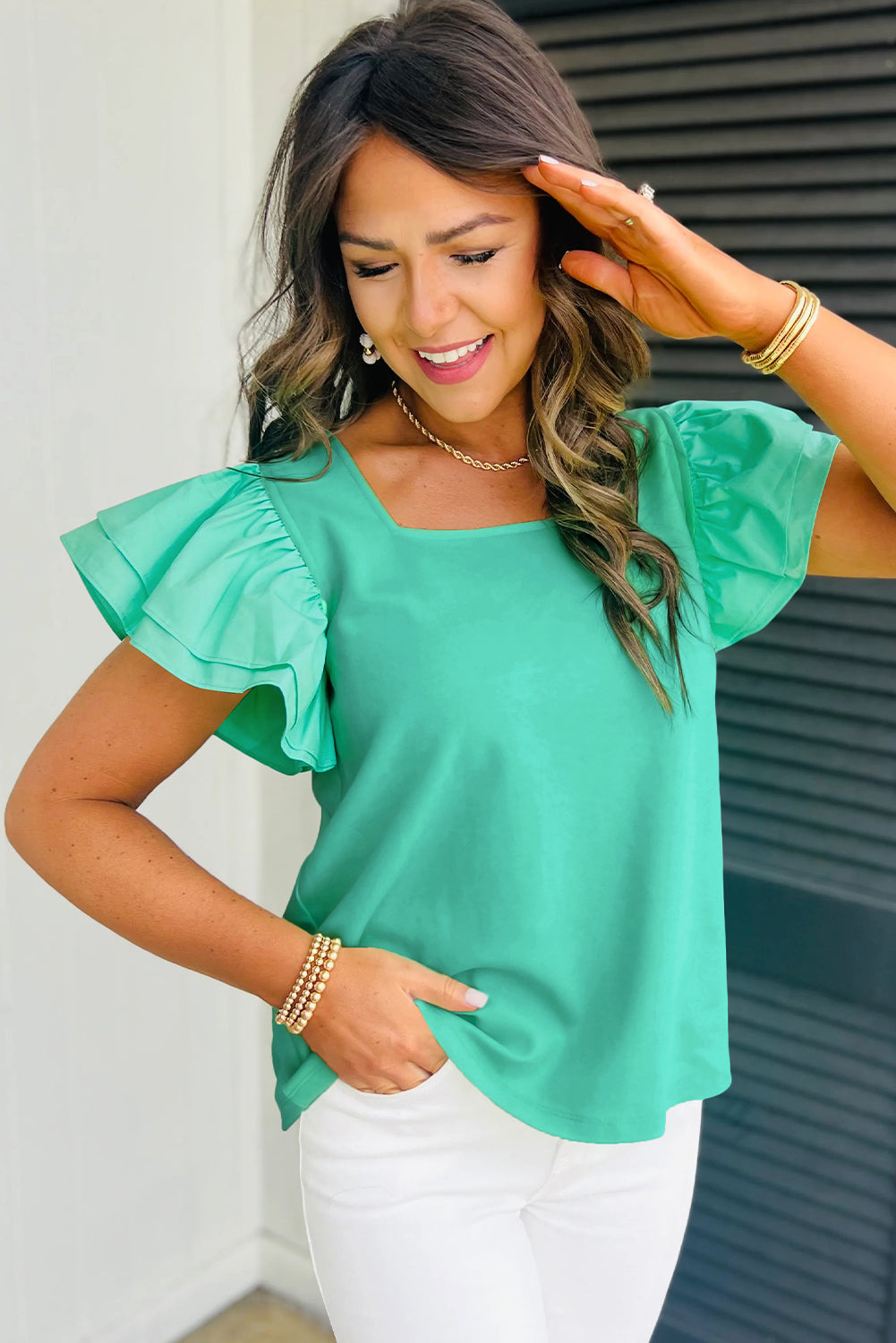 Mint Green Ruffle Flutter Sleeve Square Neck Blouse