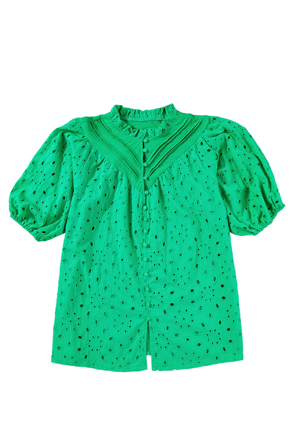 Green Flower Hollow-out Short Puff Sleeve BlouseMaterial:100%Cotton



		With charming floral details and hollow-out accents, this blouse offers a touch of elegance and femininity.
	
	
		Featuring short puff 