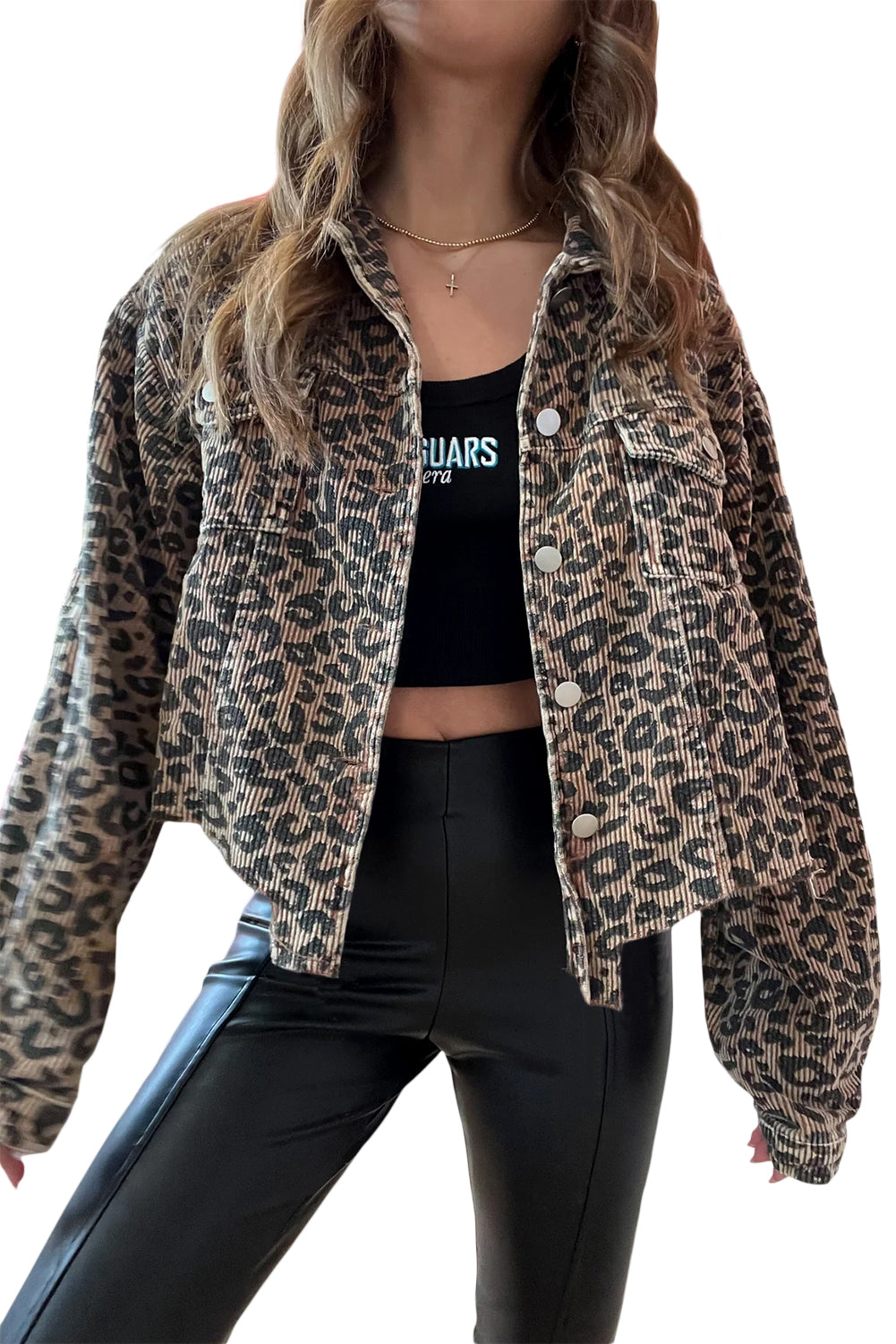 Dark Khaki Leopard Print Raw Hem Cropped Jacket