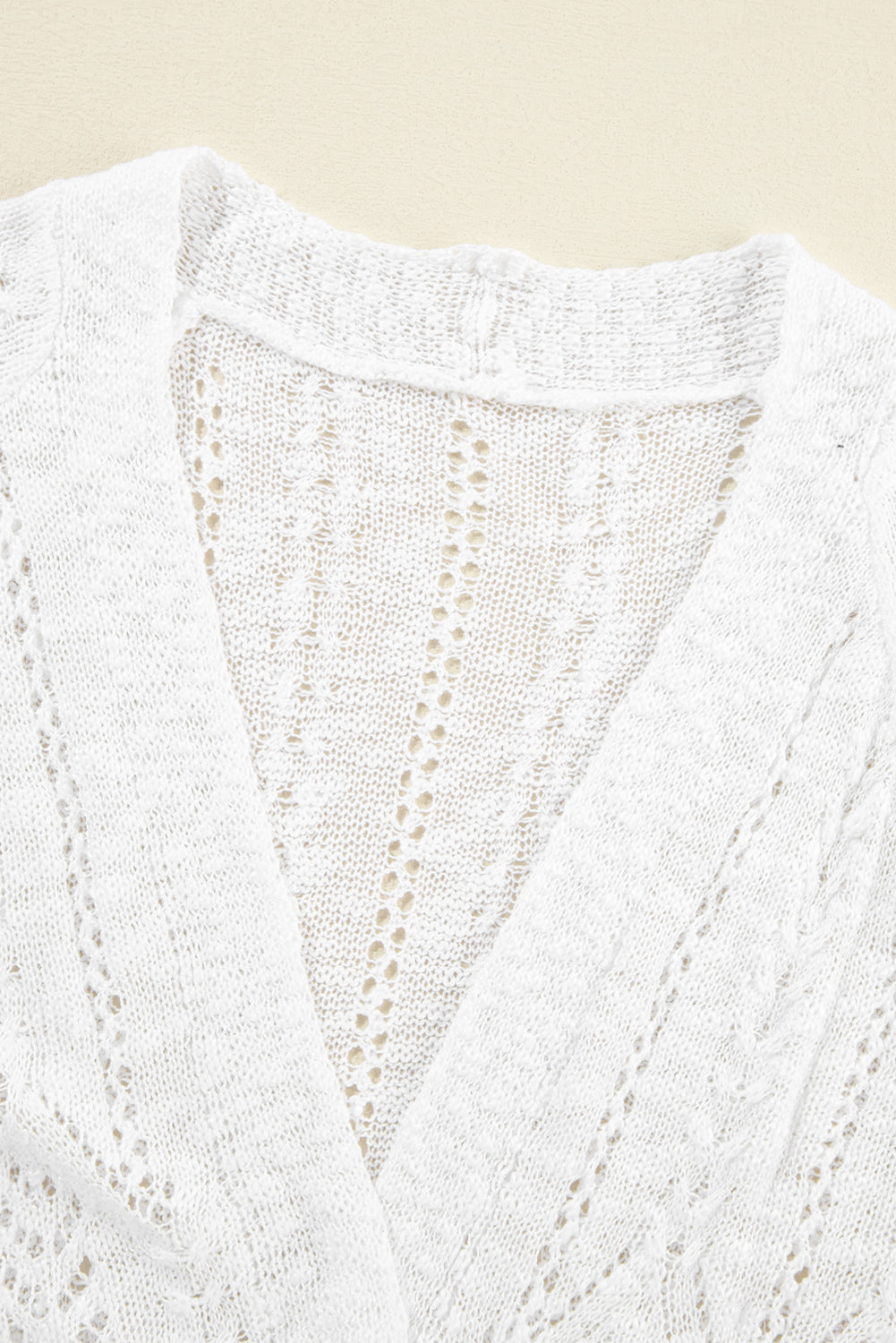 White Solid Color Hollow Knit Open Front Cardigan