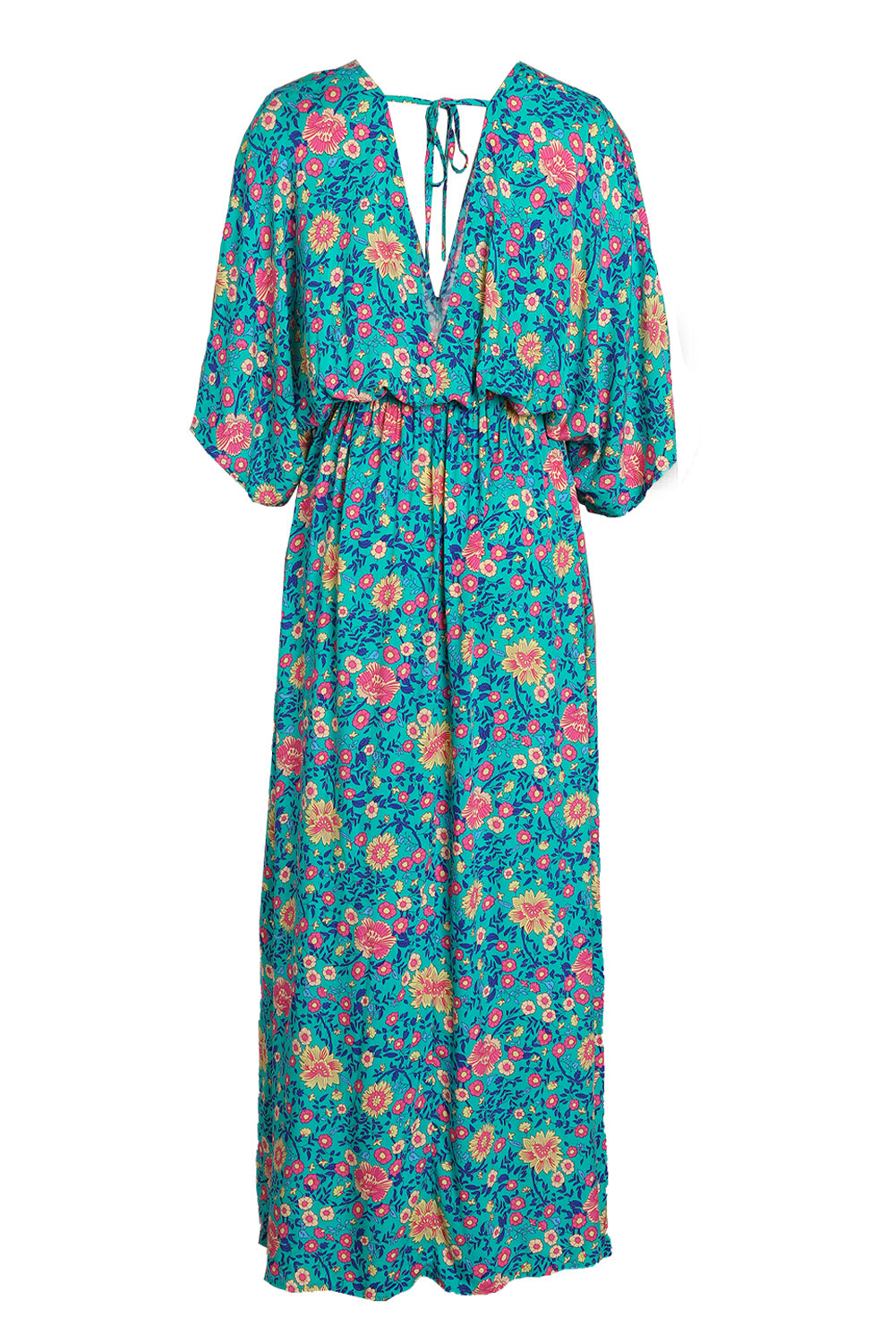 Floral Print Deep V Neck Flutter Sleeve Boho Maxi Dress