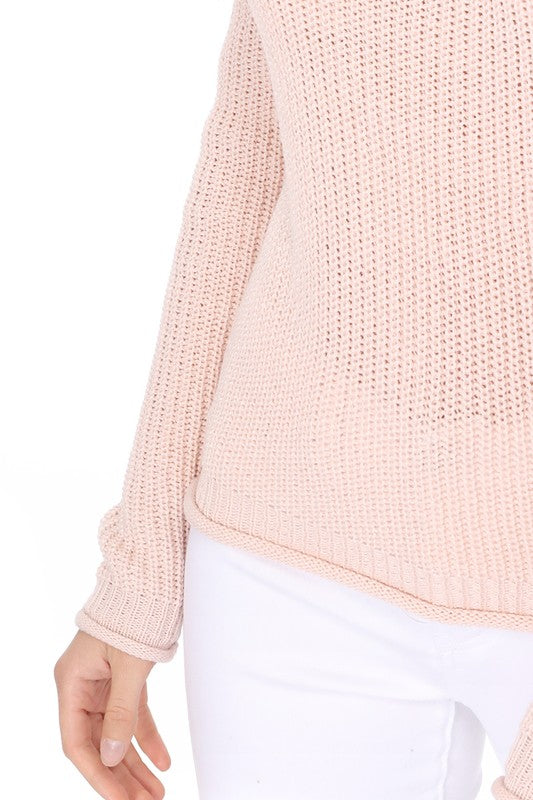 Light Weight Waffle Knit Rollup Finish Sweater Top- 22-24" Length, Wide Hem.- Light Weight, Hacci Stitch Sweater Top- Long Sleeve, and Clean Rolling Finish at Sleeve and Bottom Hem- Wonderful Light Sweater Top for S