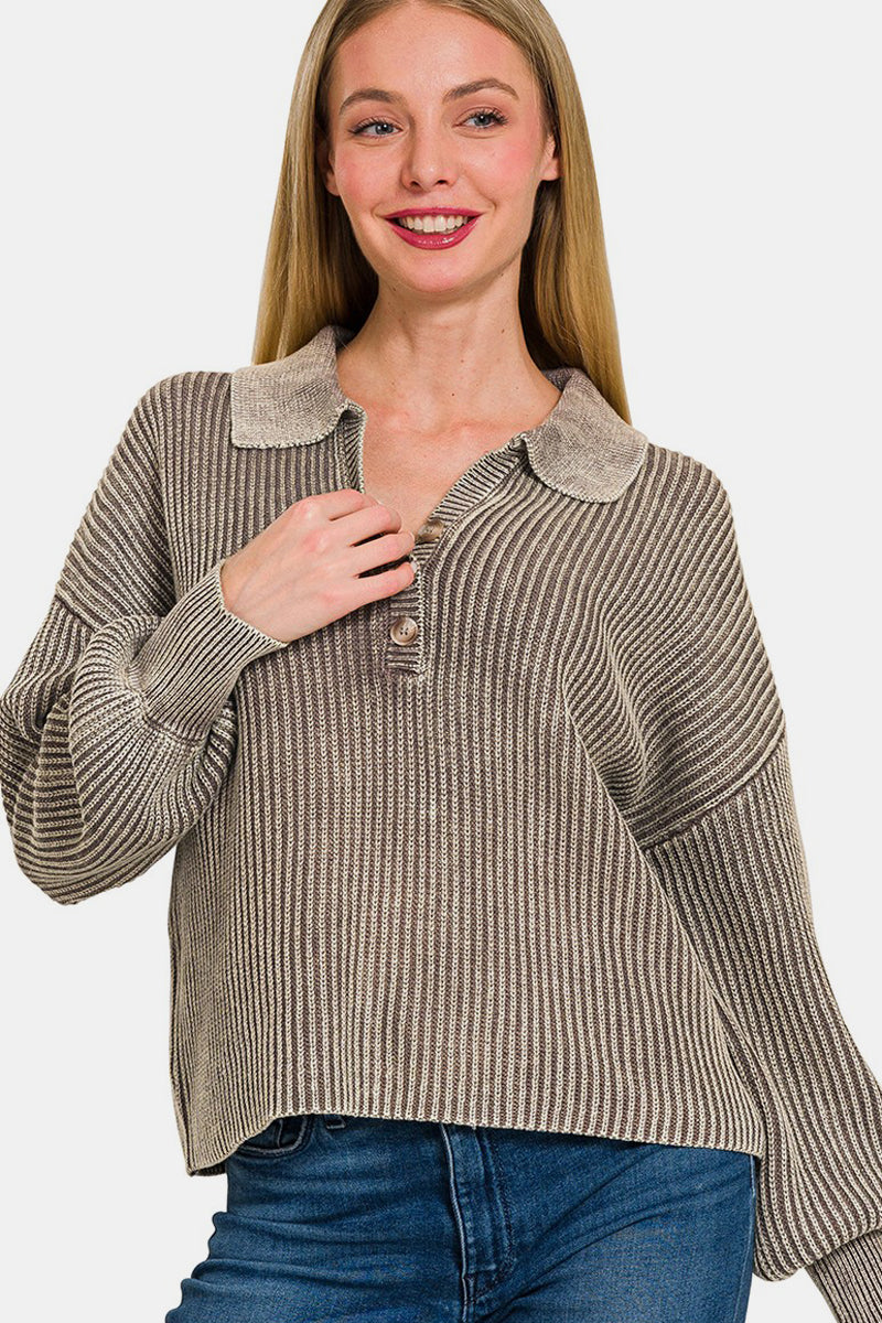 Zenana Washed Half Button Long Sleeve SweaterAdd a touch of casual sophistication to your wardrobe with this Washed Half Button Long Sleeve Sweater. The half button design gives it a unique and stylish look tha