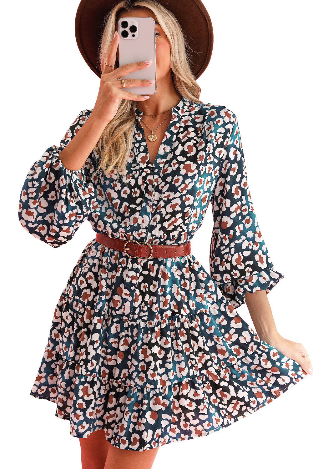 Blue Leopard Print Bubble Sleeve Ruffled Shirt Dress