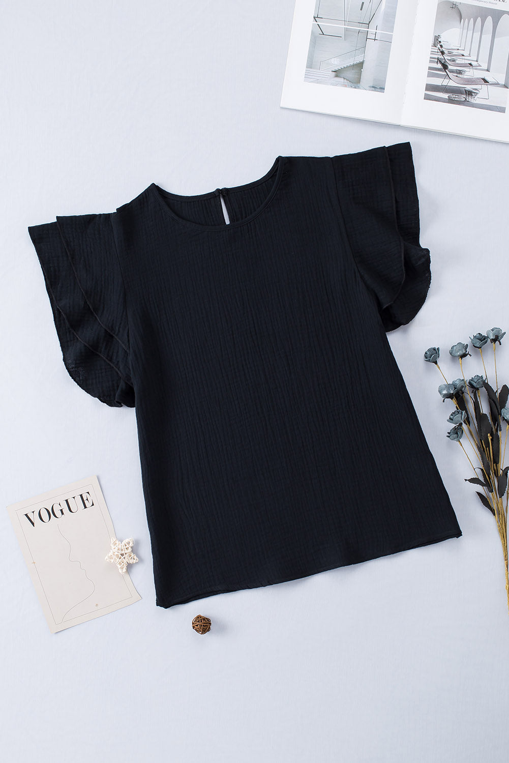 Black Textured Tiered Ruffle Casual Short Sleeve TopMaterial:100%Cotton



		•The tiered ruffle sleeves add a feminine touch to the blouse and make it stand out.
	
	
		•The blouse can be styled in many different 