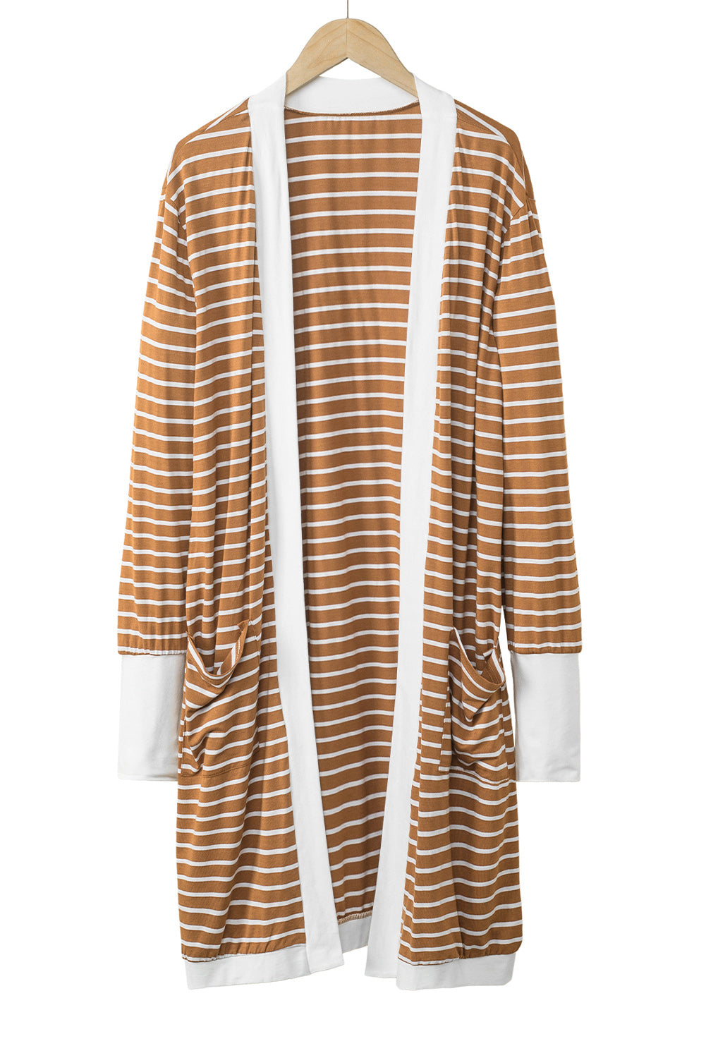 Brown Striped Side Pockets Open Front Long Cardigan