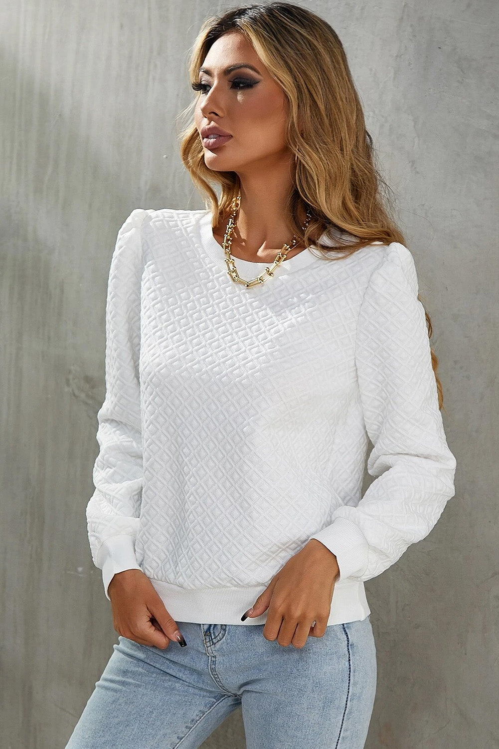 White Textured Puff Long Sleeve Round Neck TopMaterial:97%Polyester+3%Elastane

• Elevate your casual style with this top, perfect for a relaxed yet chic look.
• The textured fabric adds interest to the plain 