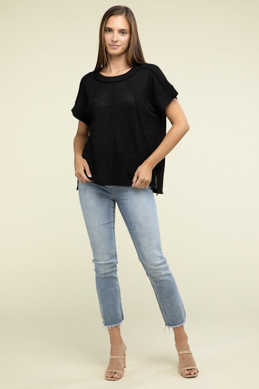 Brushed Waffle Exposed-Seam Short Sleeve TopElevate your casual wardrobe with this Brushed Waffle Top, featuring side slits, exposed seam details, and a stylish hi-low hem. Perfect for a relaxed yet trendy loo