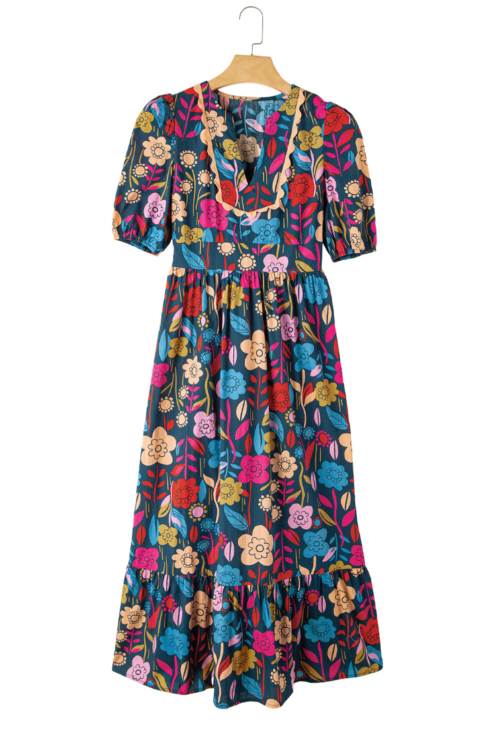 Green Floral Print Split V Neck Puff Sleeve Maxi DressMaterial:100%Cotton



		The dress is made from a soft and breathable fabric, ensuring comfort and a lightweight feel.
	
	
		This maxi dress features a split V 