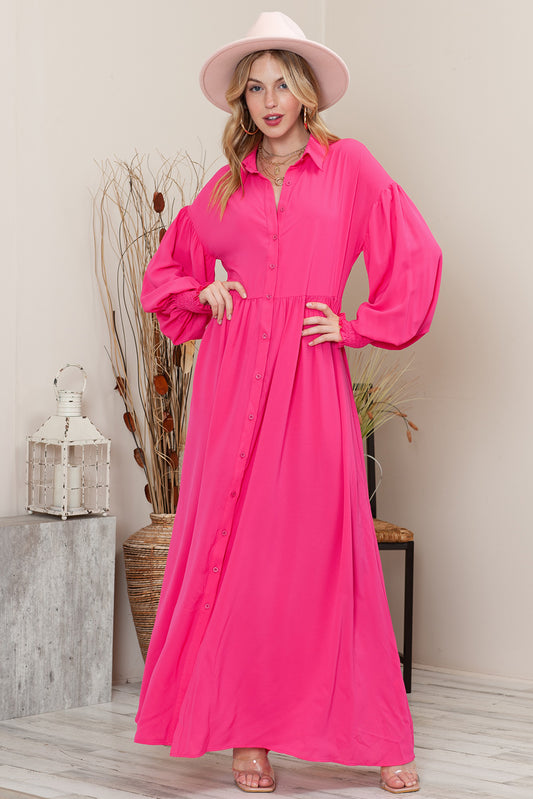 Rose Solid Color Bishop Sleeve Button Up Collared Shirt Dress