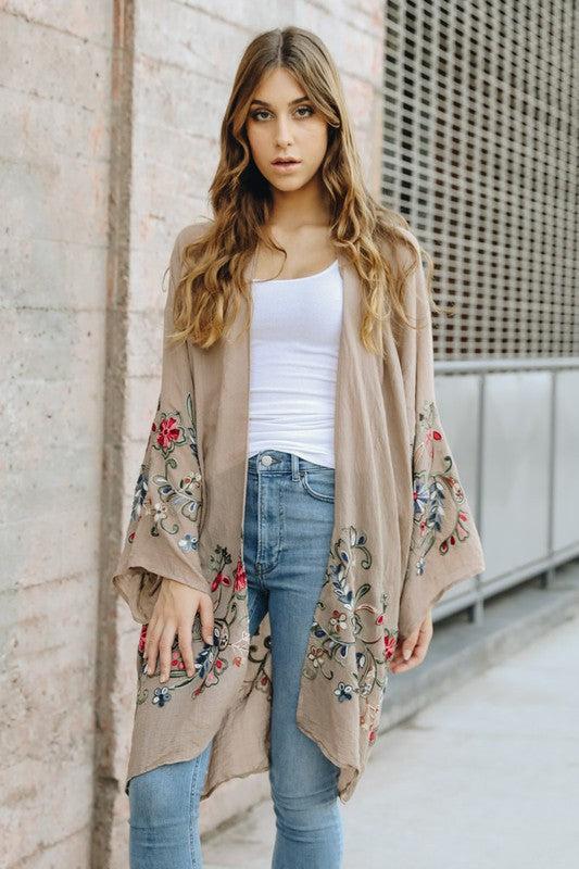 Long Floral Kimono CardiganLong Floral Kimono CardiganImmediate ShippingOne Size Fits MostSizes 0-12Length: 38 inBust Across: 25 inSleeve Length: 17 inSleeve Opening: 11 in
Style: Kimono
Print