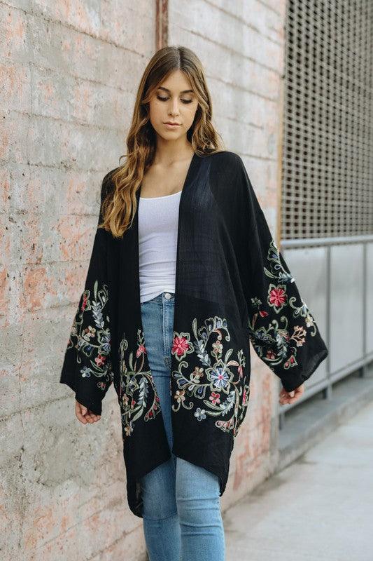 Long Floral Kimono CardiganLong Floral Kimono CardiganImmediate ShippingOne Size Fits MostSizes 0-12Length: 38 inBust Across: 25 inSleeve Length: 17 inSleeve Opening: 11 in
Style: Kimono
Print