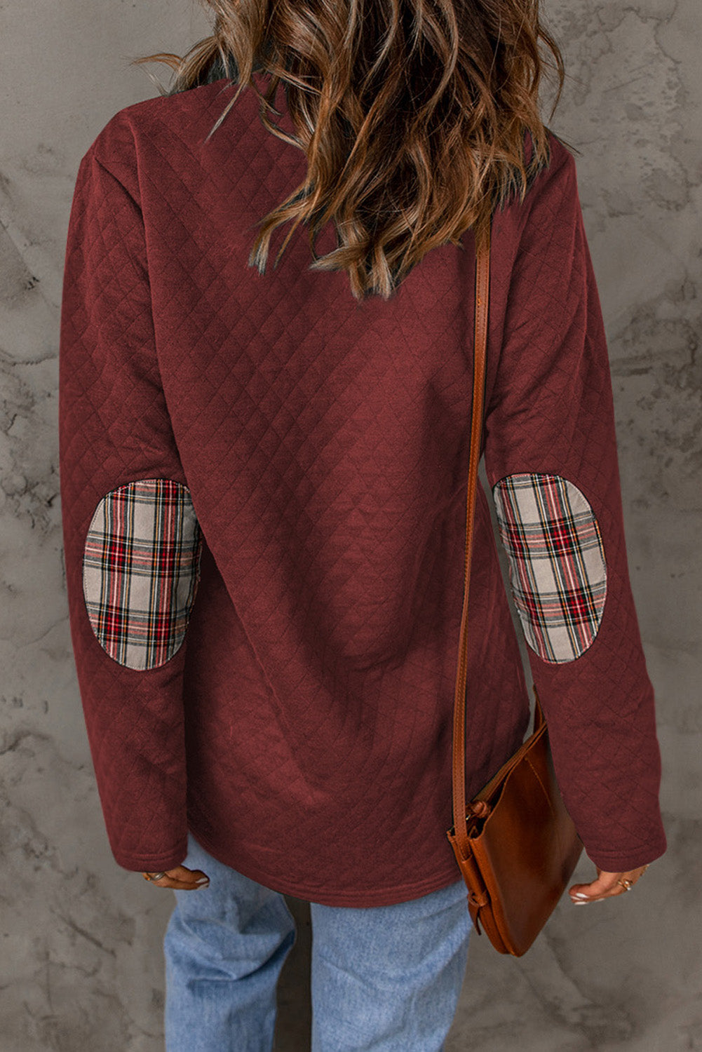 Red Plaid Geometric Texture Trim Button Neck Sweatshirt