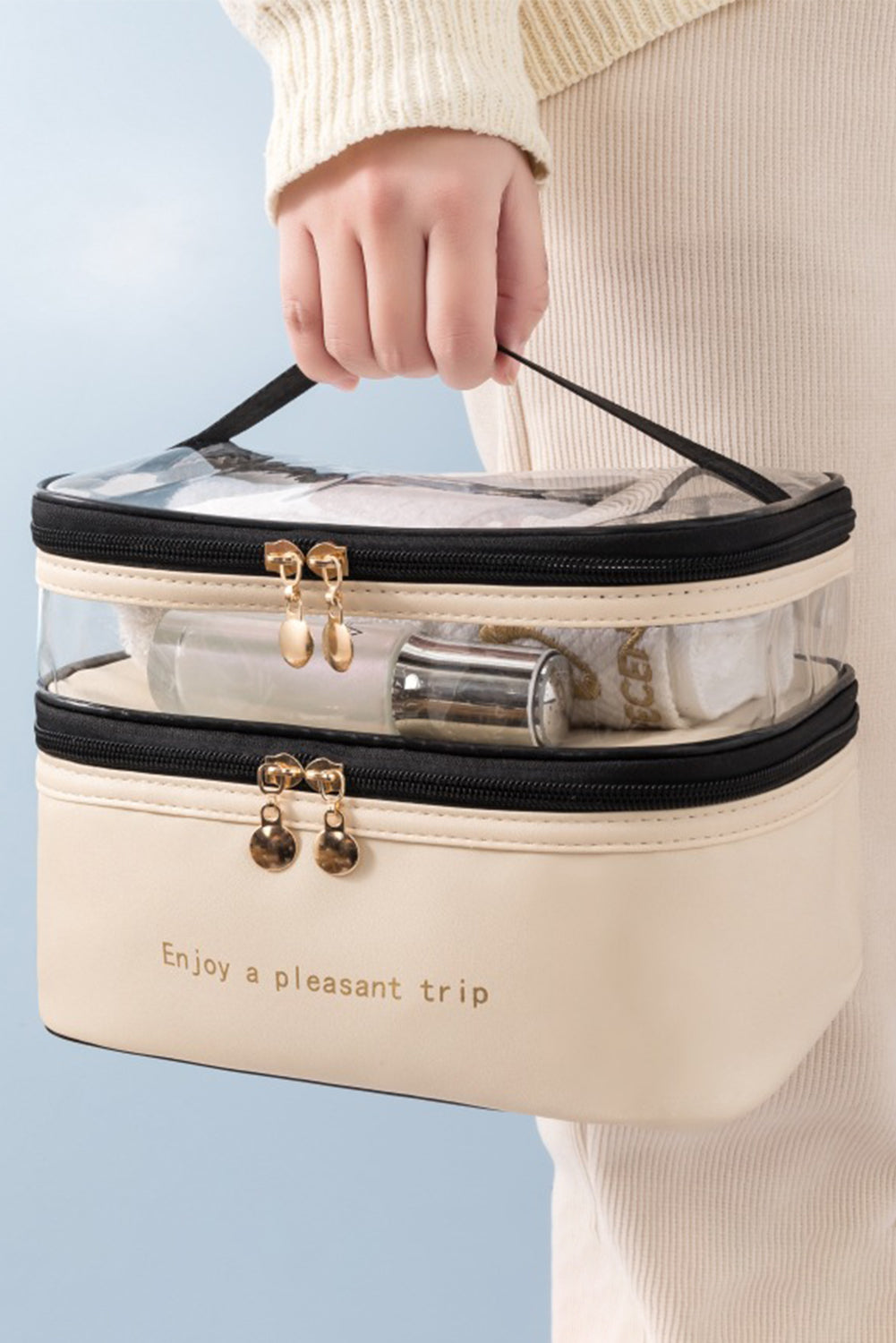 Beige Waterproof PVC Double Layer Cosmetic Bag