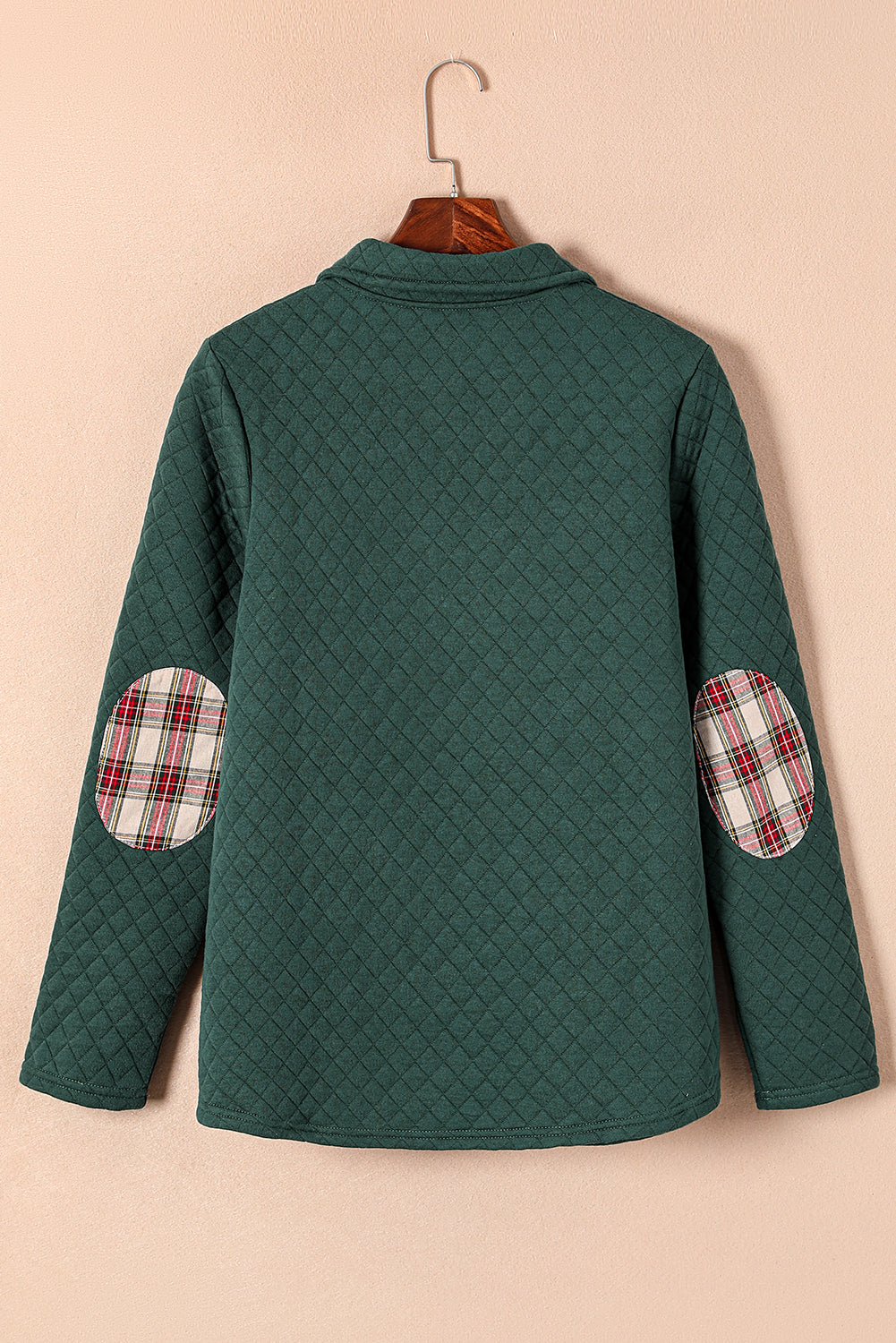 Red Plaid Geometric Texture Trim Button Neck Sweatshirt