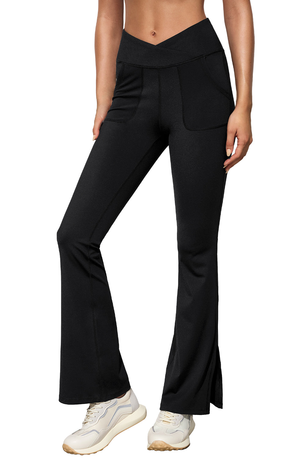 Black Cross Waist Pocketed Split Hem Flared LeggingsMaterial:75%Polyamide+25%Elastane



		Elevate your everyday look with these stylish pants made from soft, high-quality material that offers a comfortable stretch 