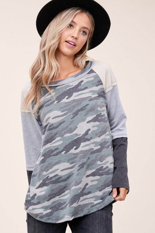 PLUS CAMOUFLAGE COLOR BLOCK TOPFRENCH TERRY CAMOUFLAGE PRINT AND SOLID COLOR BLOCKED LONG SLEEVE ROUND NECK RAW EDGE DETAIL PLUS TOP - MADE IN U.S.A
Style: Casual
Print / Pattern: CAMOUFLAGE PRINT