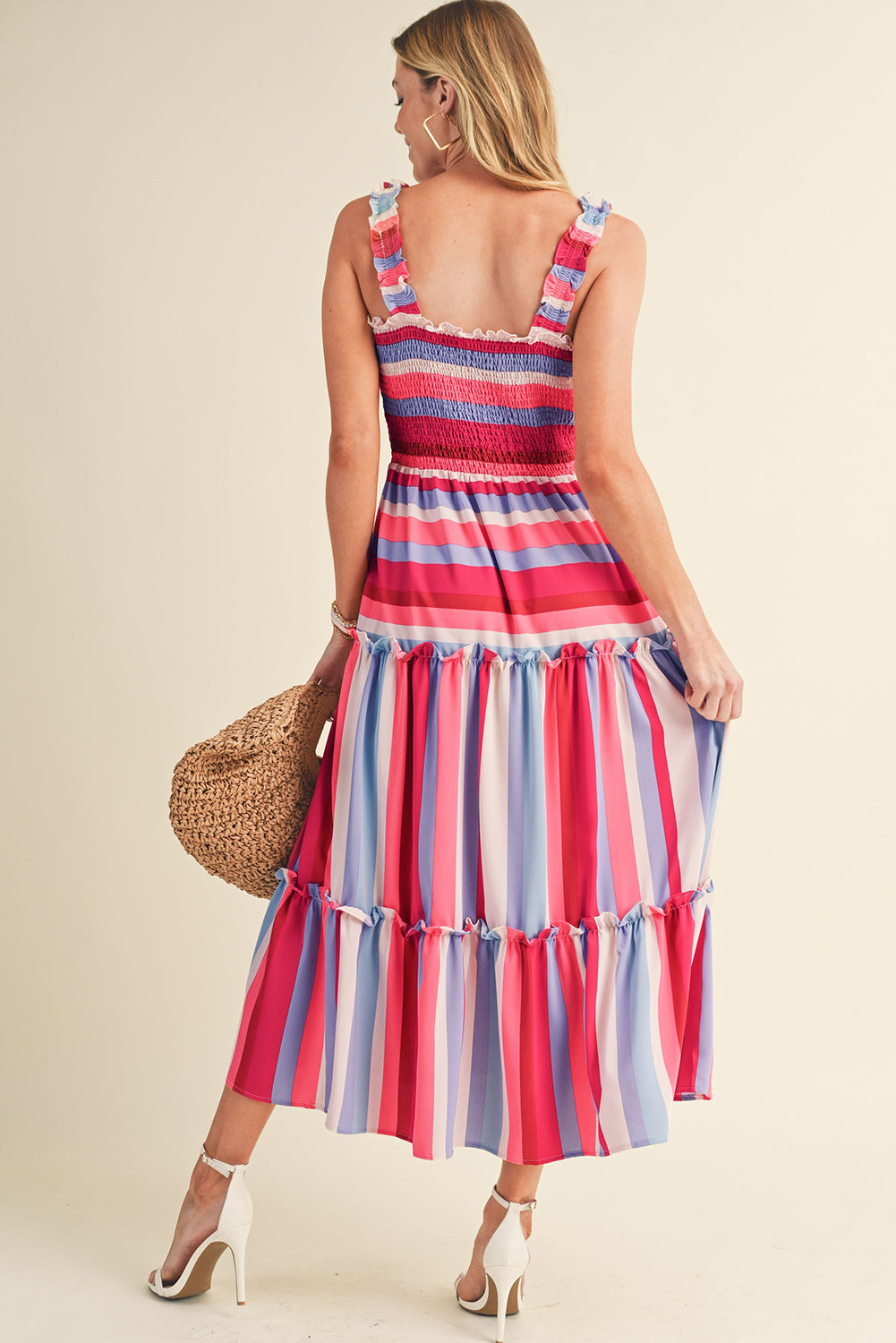 Red Stripe Ruffled Straps Smocked Tiered Midi DressMaterial:100%Polyester



		Embrace the timeless charm of the multicolor stripes pattern, making this long dress a classic and popular choice.
	
	
		Achieve a p