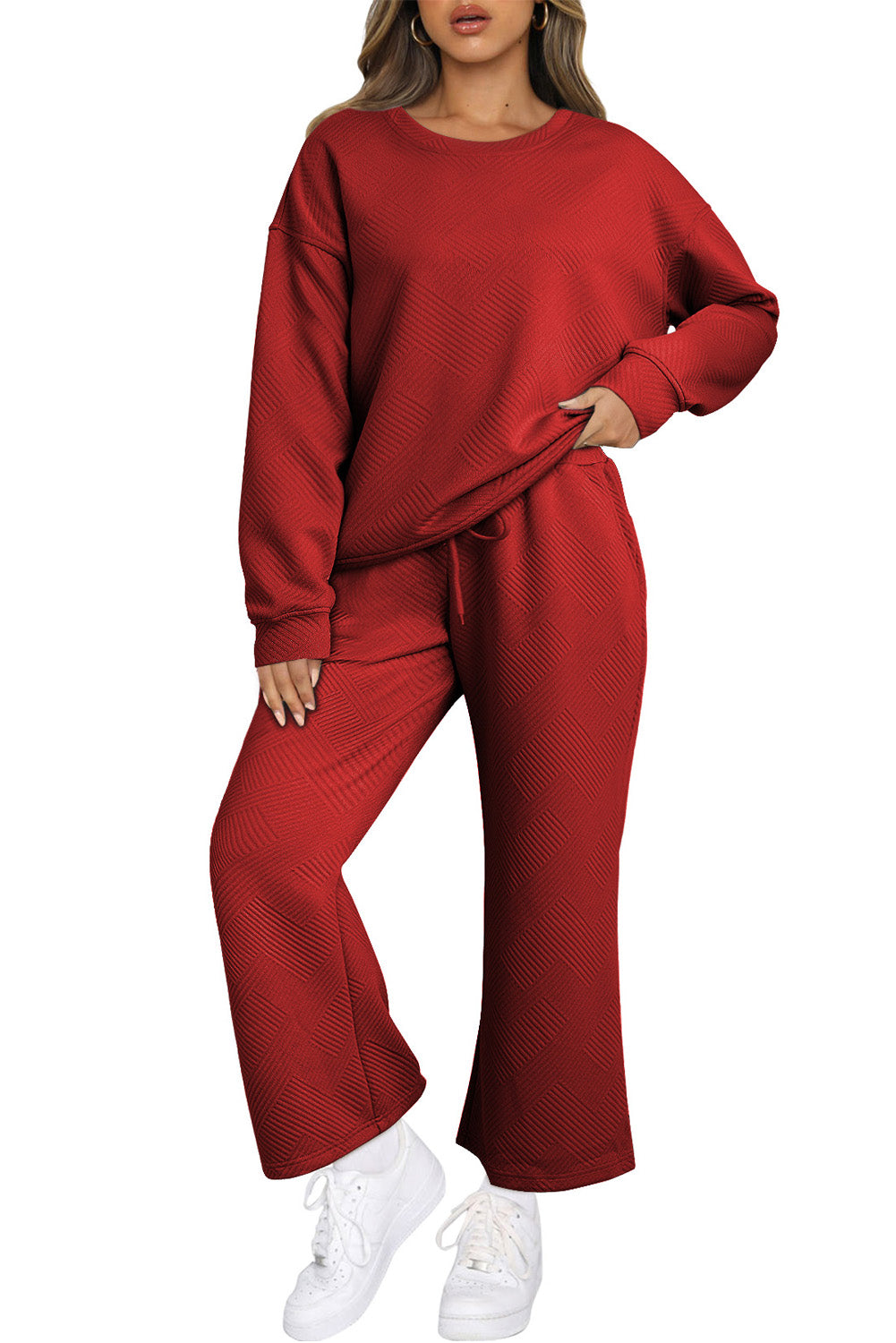 Red Dahlia Textured Loose Slouchy Long Sleeve Top and Pants SetMaterial:95%POLYESTER+5%ELASTANE



		Our Gray Textured Loose Slouchy Long Sleeve Top and Pants Set, a comfortable and stylish ensemble that is perfect for loungin