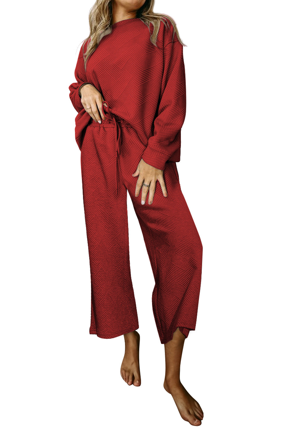 Red Dahlia Textured Loose Slouchy Long Sleeve Top and Pants SetMaterial:95%POLYESTER+5%ELASTANE



		Our Gray Textured Loose Slouchy Long Sleeve Top and Pants Set, a comfortable and stylish ensemble that is perfect for loungin