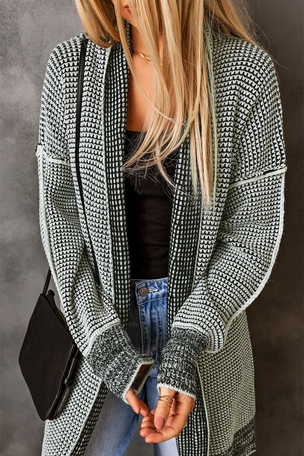 Grey Plaid Contrast Trim Casual Knit Cardigan