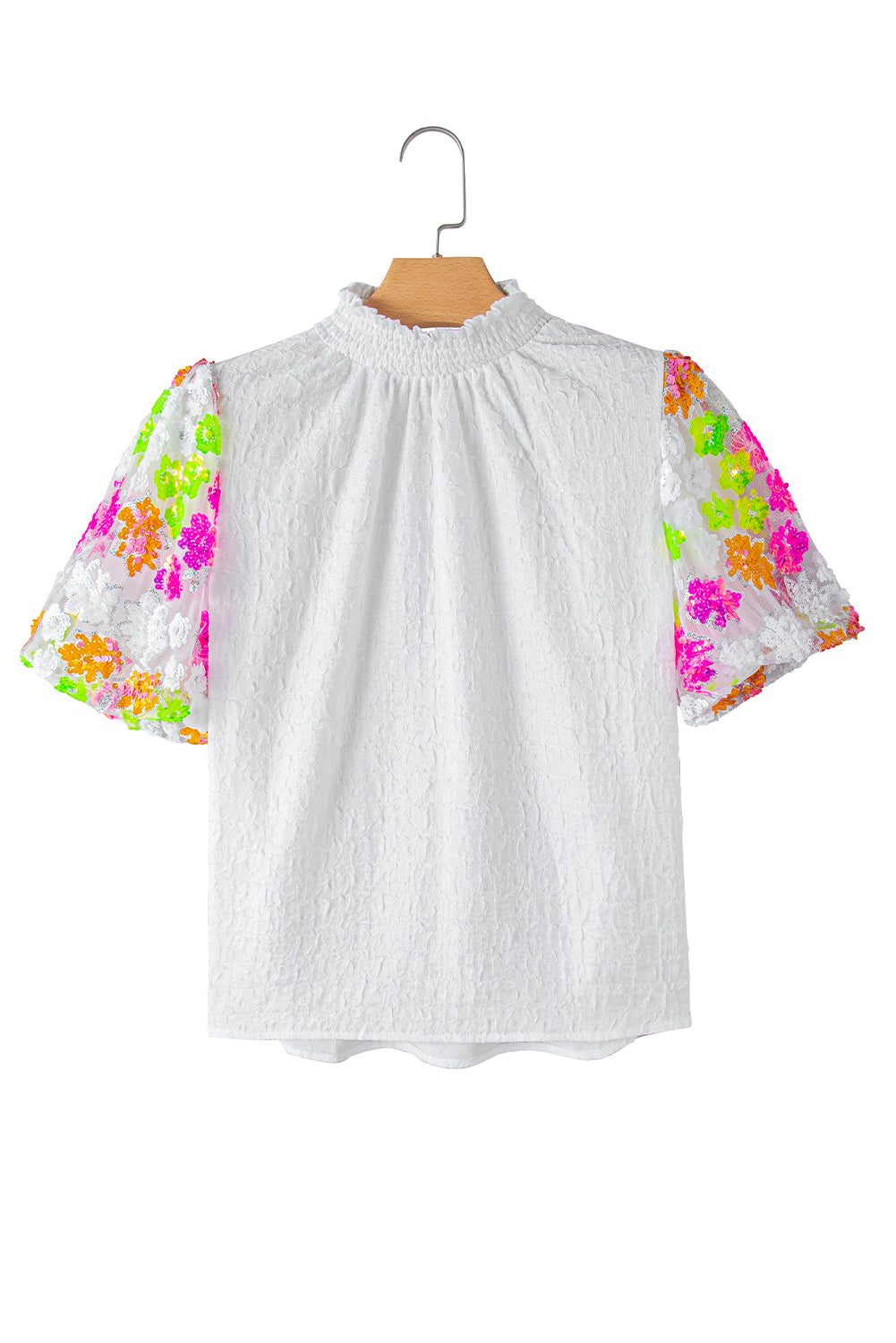 White Smocked Neck Sequin Flower Puff Sleeve Textured TopMaterial:100%Polyester



		The Top features a smocked neckline and sequin flower embellishments for a feminine and glamorous look.
	
	
		With its puff sleeves,