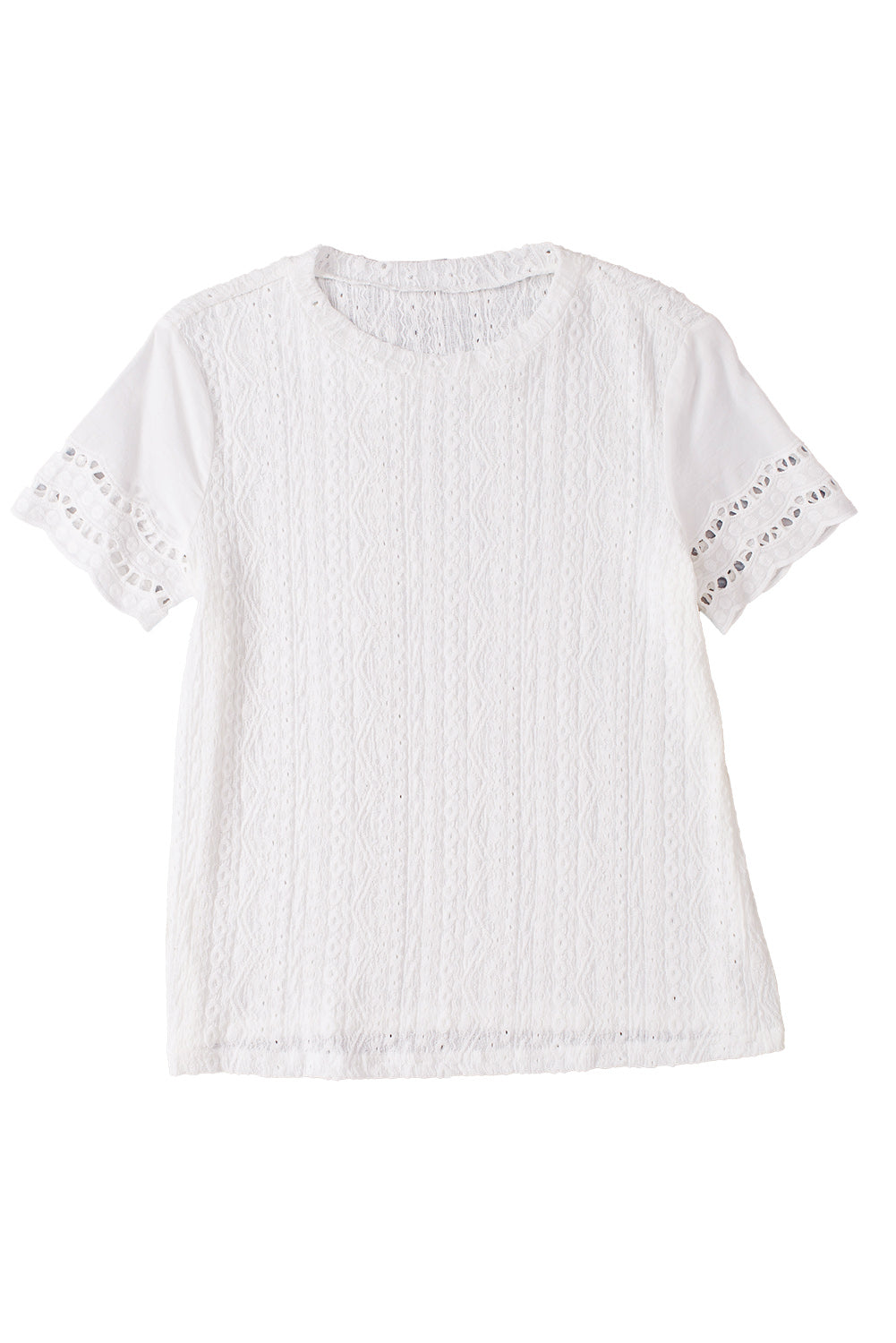 White Eyelet Embroidery Scalloped Short Sleeve BlouseMaterial:97%Polyester+3%Elastane



		The top features intricate details that add a touch of elegance to your look. 
	
	
		The scalloped trim enhances the femin