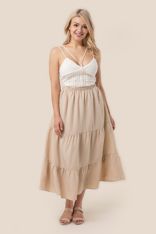 Tiered maxi skirt- Tiered maxi skirt- Pattern type : solid- Stretch : stretch- Sheer : Beige - lined and no see through / Black - not lined, but not very sheer- Care instruction : ma