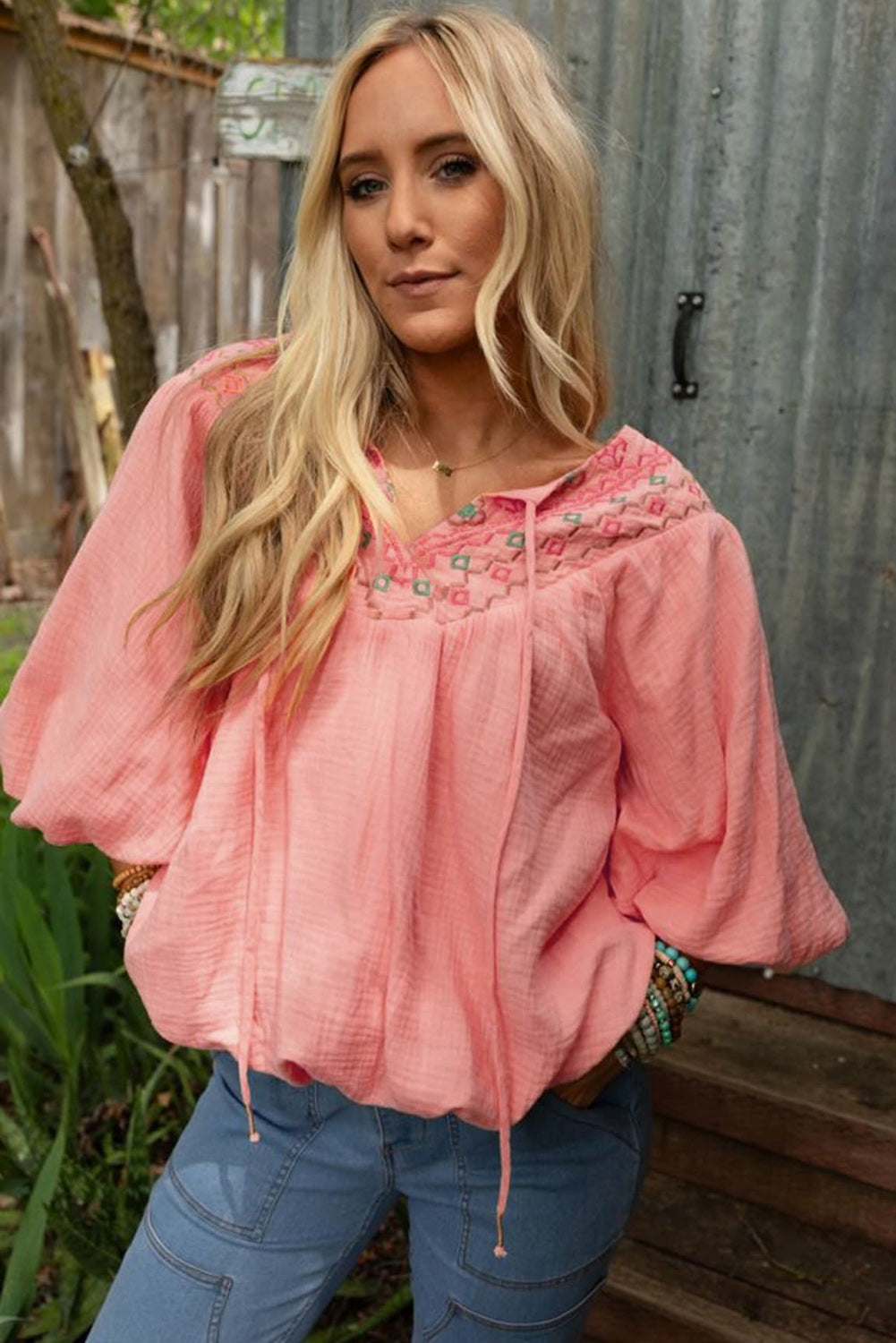 Apricot Pink Geometric Embroidered V Neck Puff Sleeve Blouse