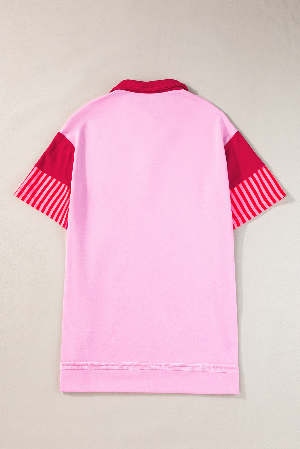 Pink Stripe Colorblock Sleeve Collared Mini DressMaterial:65%Polyester+35%Cotton

• The combination of pink and stripes adds a fun and trendy touch to your outfit.
• Embrace the relaxed vibes with the drop sleeve