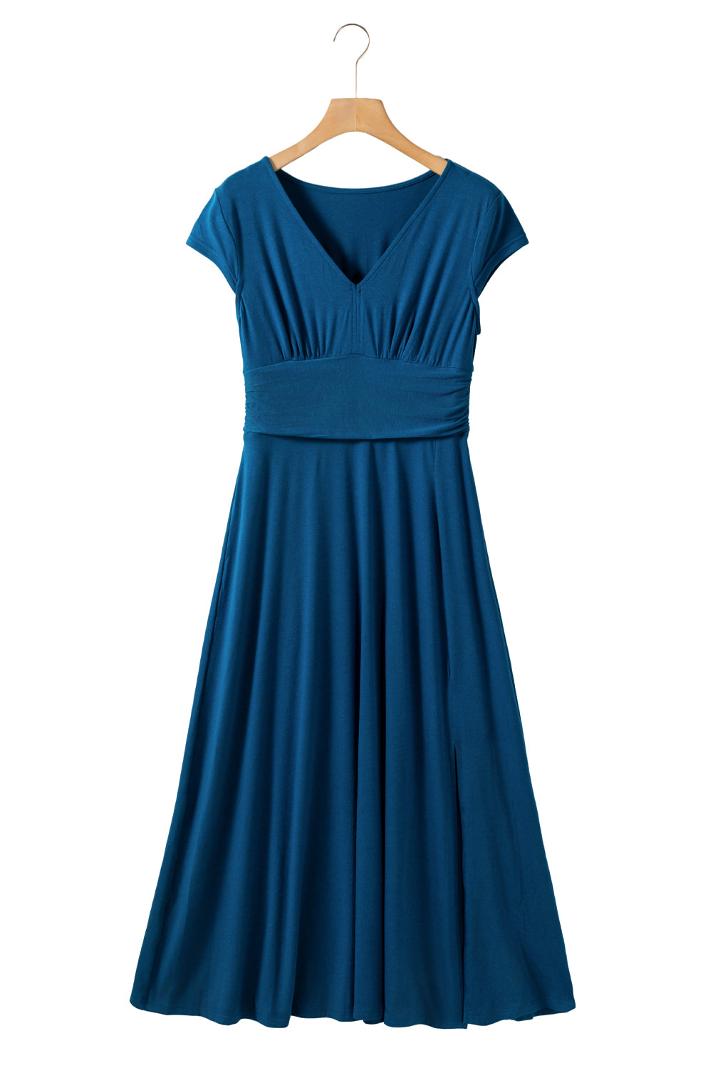 Peacock Blue Deep V Neck Ruched High Waist Midi DressMaterial:65%Polyester+30%Viscose+5%Elastane



		This concise long dress is versatile and suitable for various occasions. 
	
	
		The trendy high-waist look is e