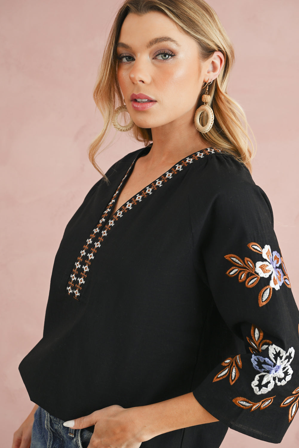 Black Floral Embroidered Sleeve Bohemian V Neck Blouse