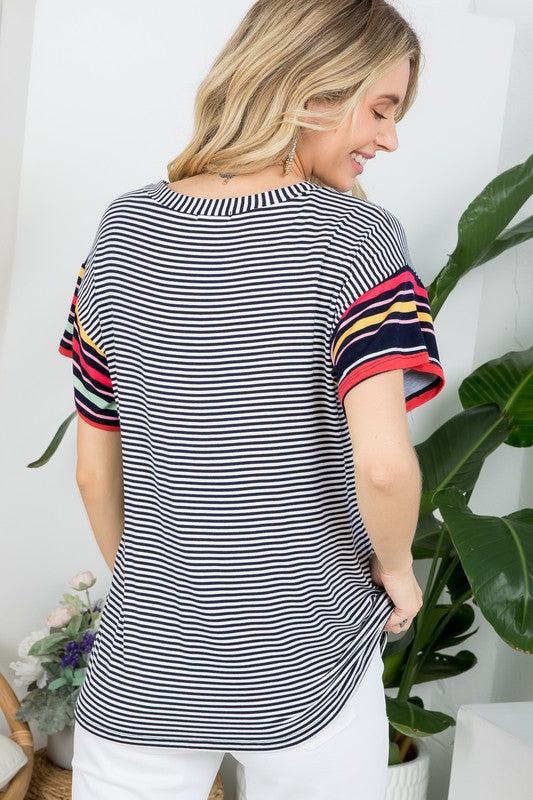 PLUS MULTI STRIPE BOXY TOP- Plus multi stripe boxy top- Pullover short sleeves- V neck chest pocket- Multi stripe jersey - 1X/2X/3X 2-2-2- 95% RAYON, 5% SPANDEX- MADE IN U.S.A
Style: Casual
P