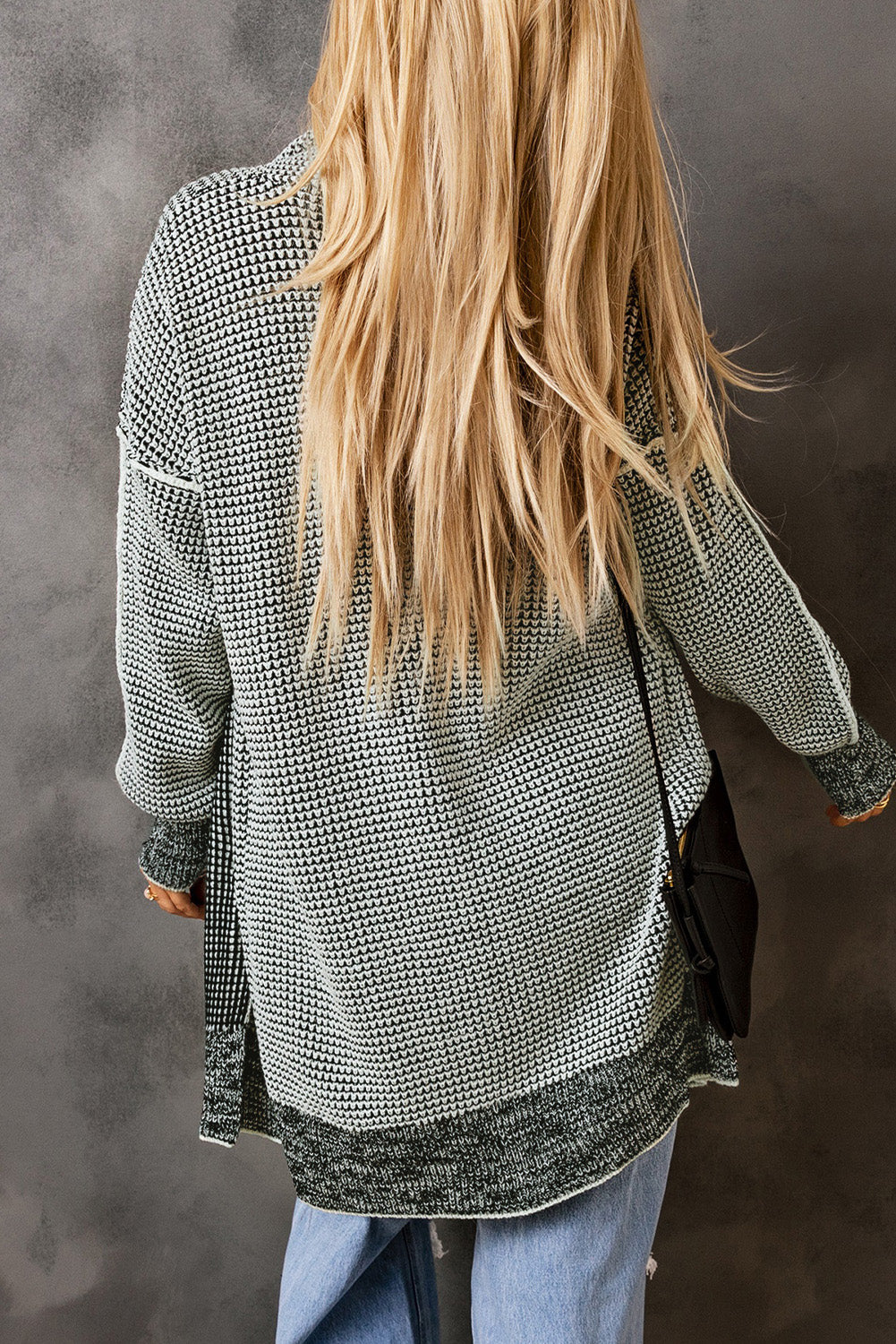 Grey Plaid Contrast Trim Casual Knit Cardigan