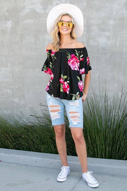 PLUS FLORAL OFF SHOULDER TOPPLUS FLORAL PRINT JERSEY ELASTICIZED OFF SHOULDER TOP- Plus Floral off shoulder top- Elasticized off shoulder neckline- Ruffle short sleeves- Loose fit- Allover flor