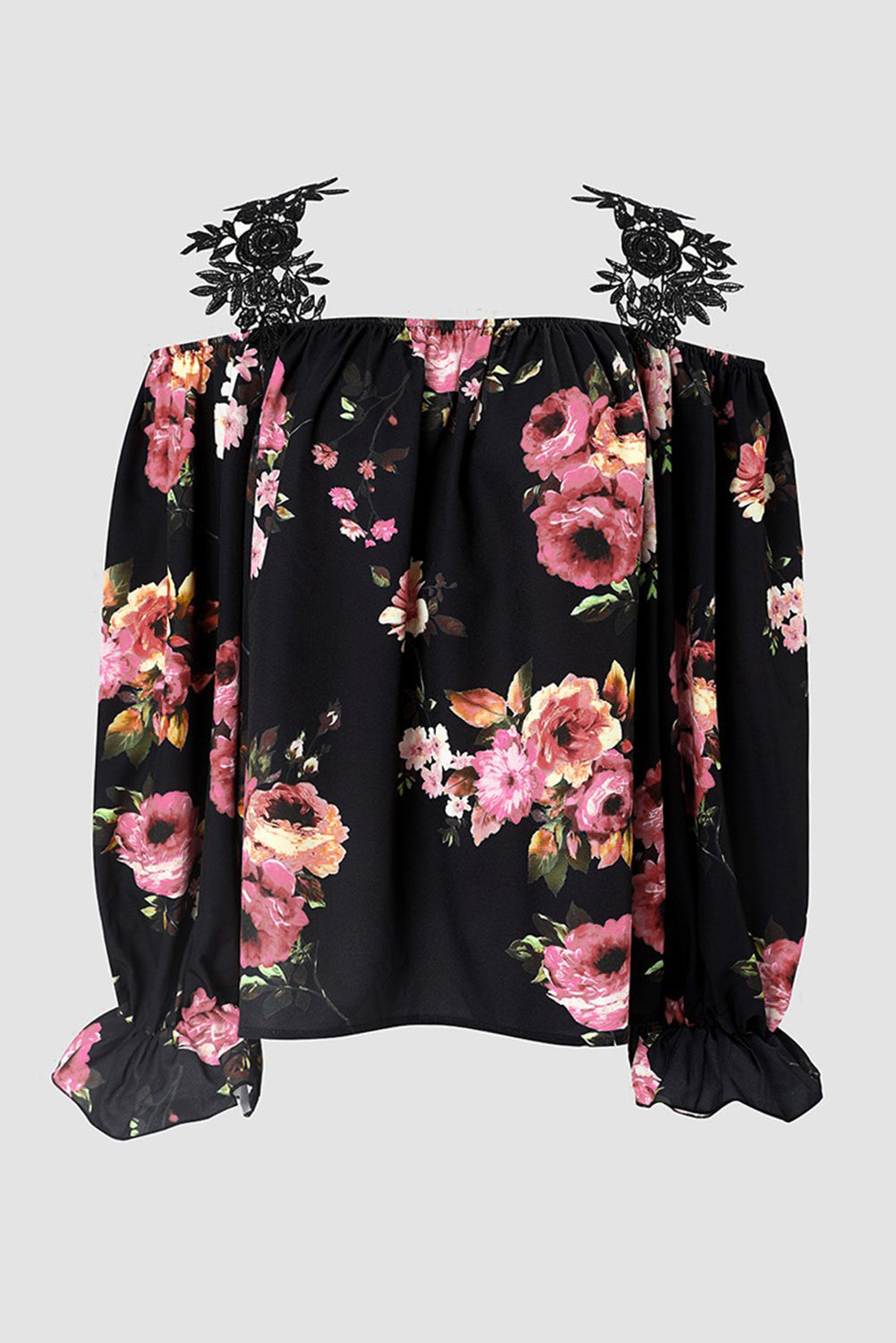 Black Floral Print Lace Loose Off Shoulder BlouseMaterial:100%Polyester



		The cold shoulder
design makes this blouse much sexier than you think
	
	
		The sleekness and
silkiness touch gives endless comfor