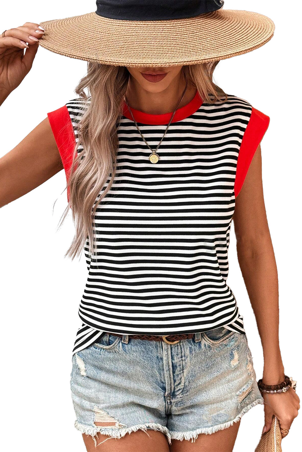 Black Stripe Colorblock Edge Round Neck Sleeveless TopMaterial:95%Polyester+5%Elastane

• Effortlessly chic, this top combines classic stripes with a modern colorblock design for a trendy look..
• Crafted from high-qu