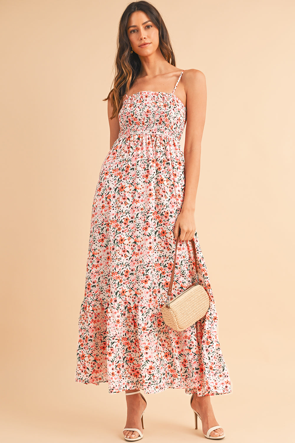 White Boho Floral Self-tie Smocked Ruffle Maxi DressMaterial:100%Polyester


	


		The maxi dress showcases a bohemian-inspired style with its floral print and smocked details, perfect for embracing a romantic and