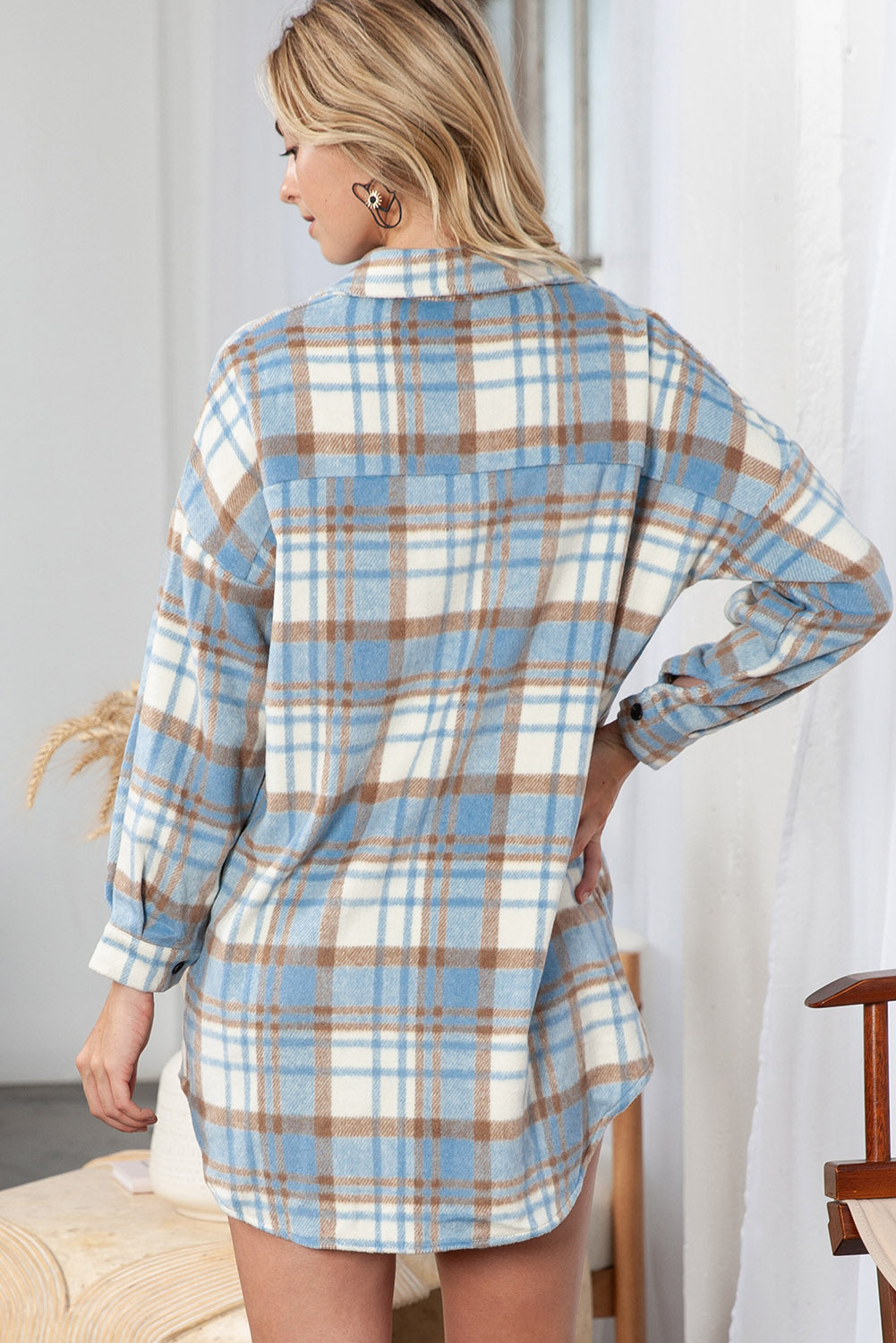 Sky Blue Plaid Flap Pocket Long Sleeve Shacket