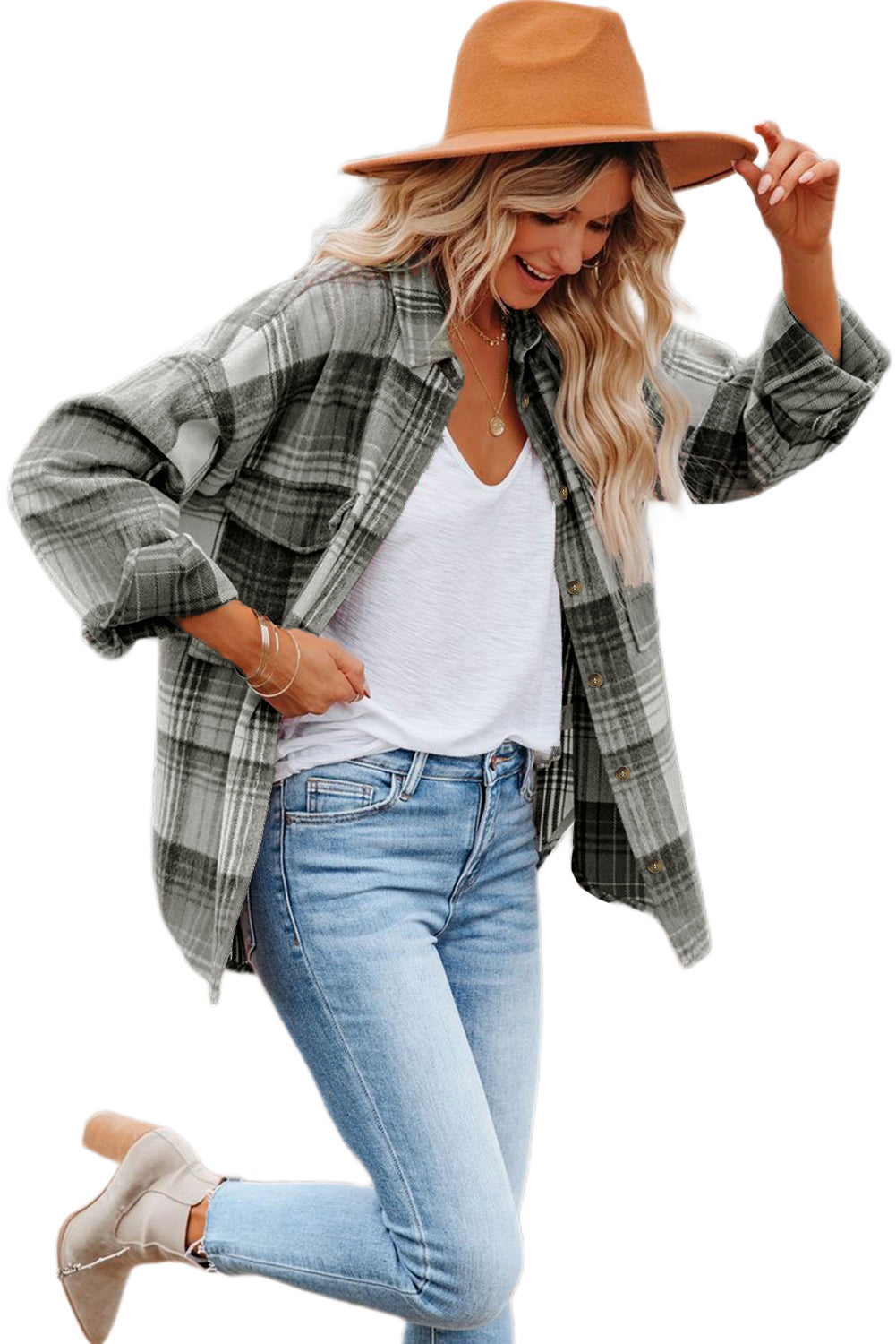 Grey Plaid Button Up Collared Flannel Shacket