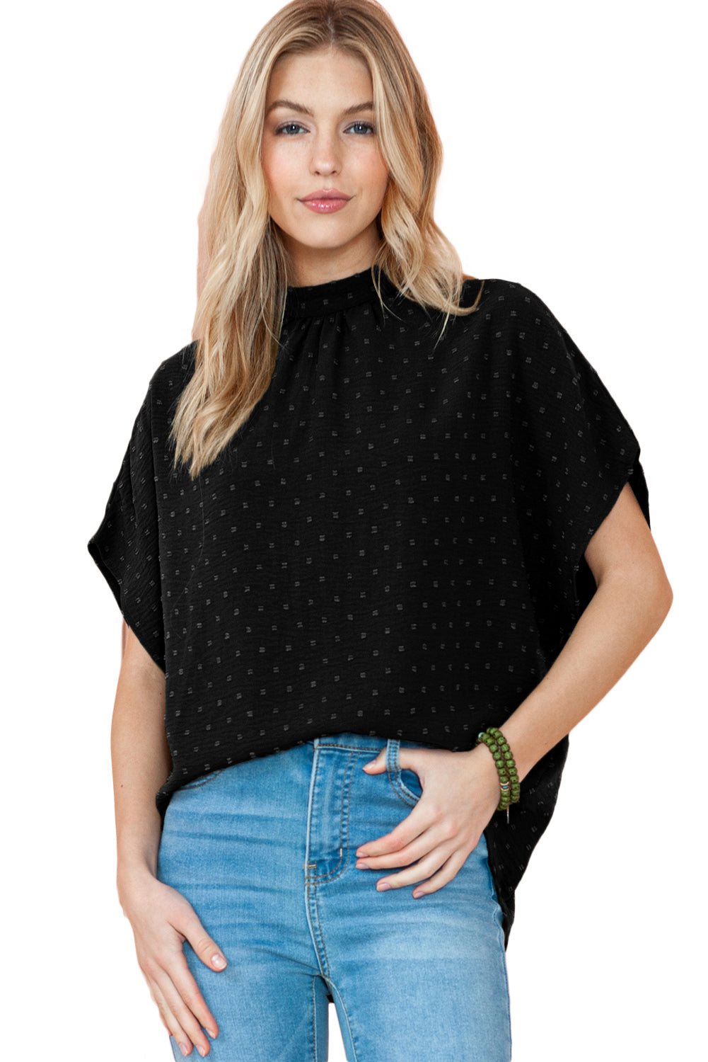 Black Swiss Dot Mock Neck Batwing Sleeve BlouseMaterial:100%Polyester



		The blouse has batwing sleeves, which are loose and draped sleeves that create a relaxed and voluminous look.
	
	
		It is designed w