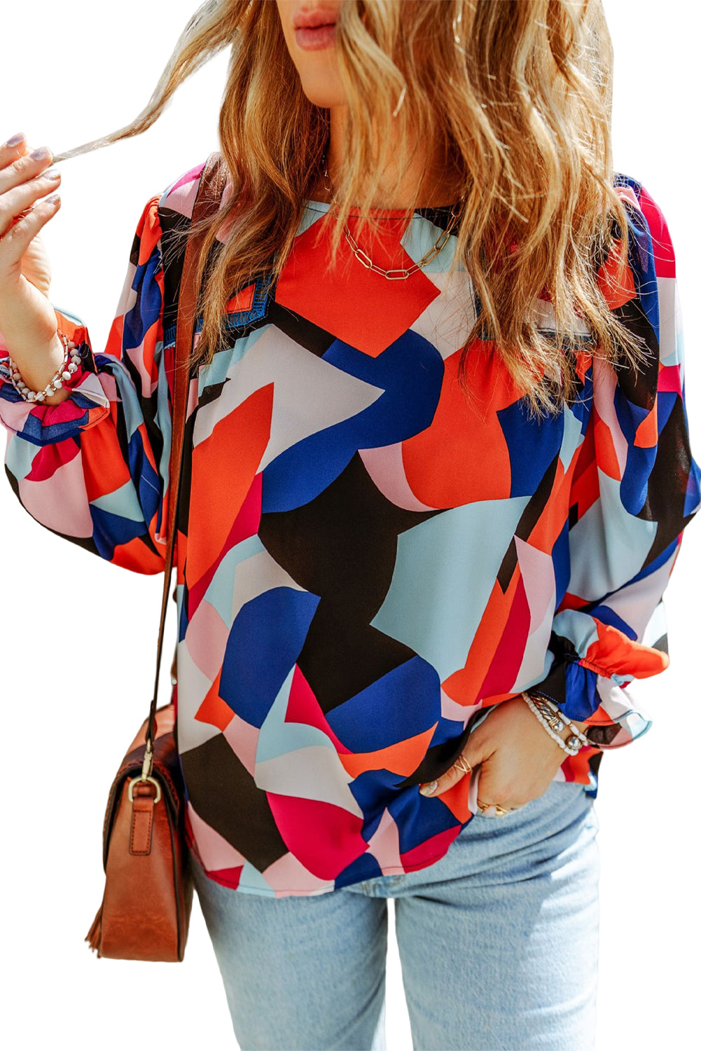 Multicolor Casual Abstract Print Puff Sleeve BlouseMaterial:100%Polyester



		•An artful abstract pattern bursts with bold color on this light and airy blouse.
	
	
		•Highlights: Relaxed fit, long sleeves with 